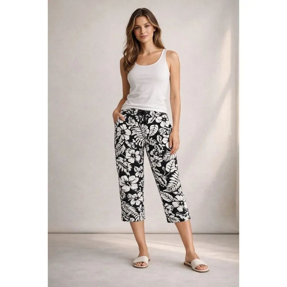 Ralph Lauren Floral Capri Pants Black White Cotton Women’s 10